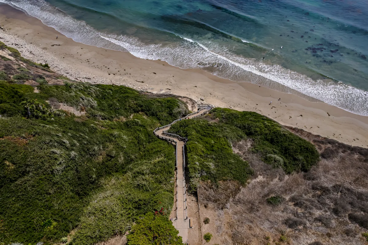 Aerial view of Mesa Lane Steps and the beach below