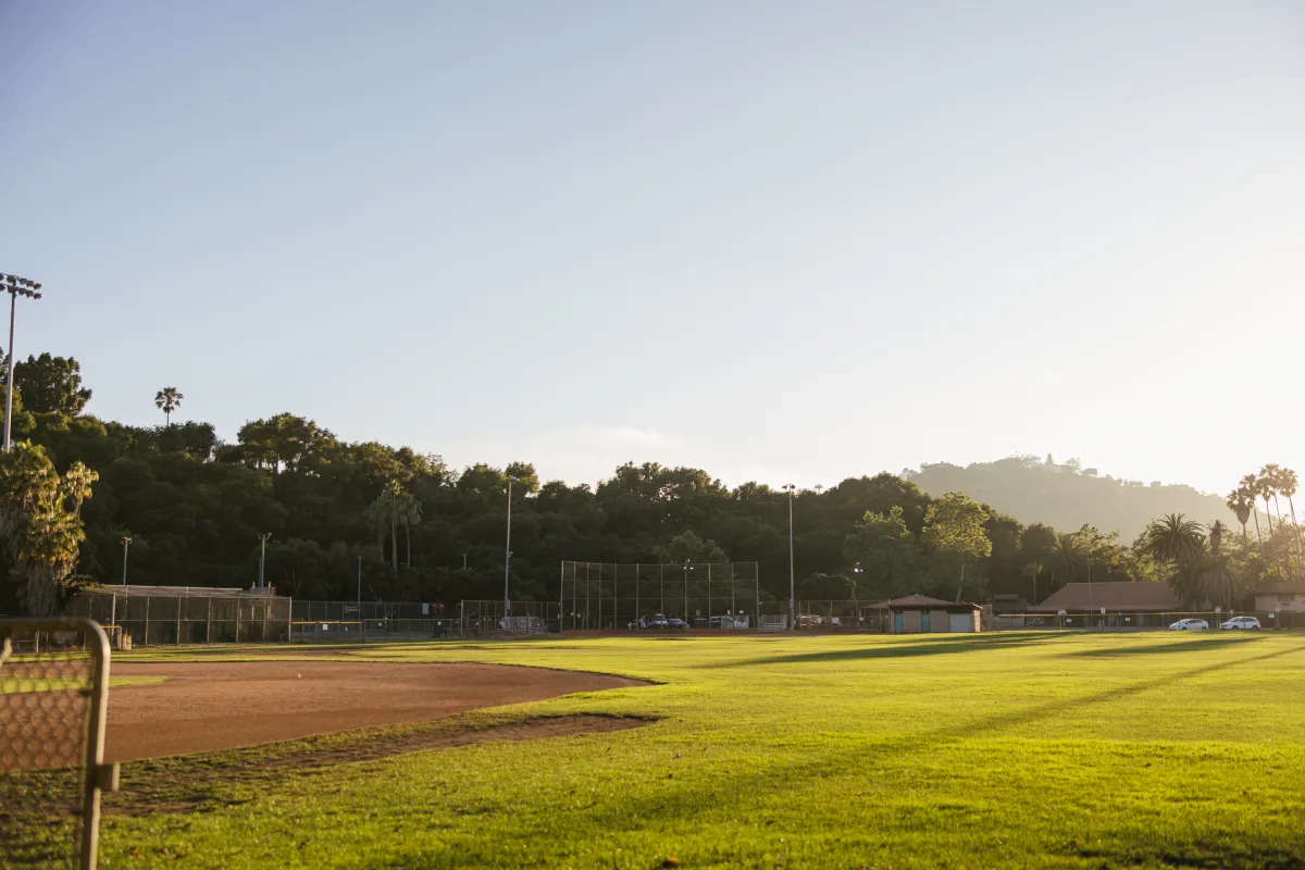 Pershing Park softball field at sunset