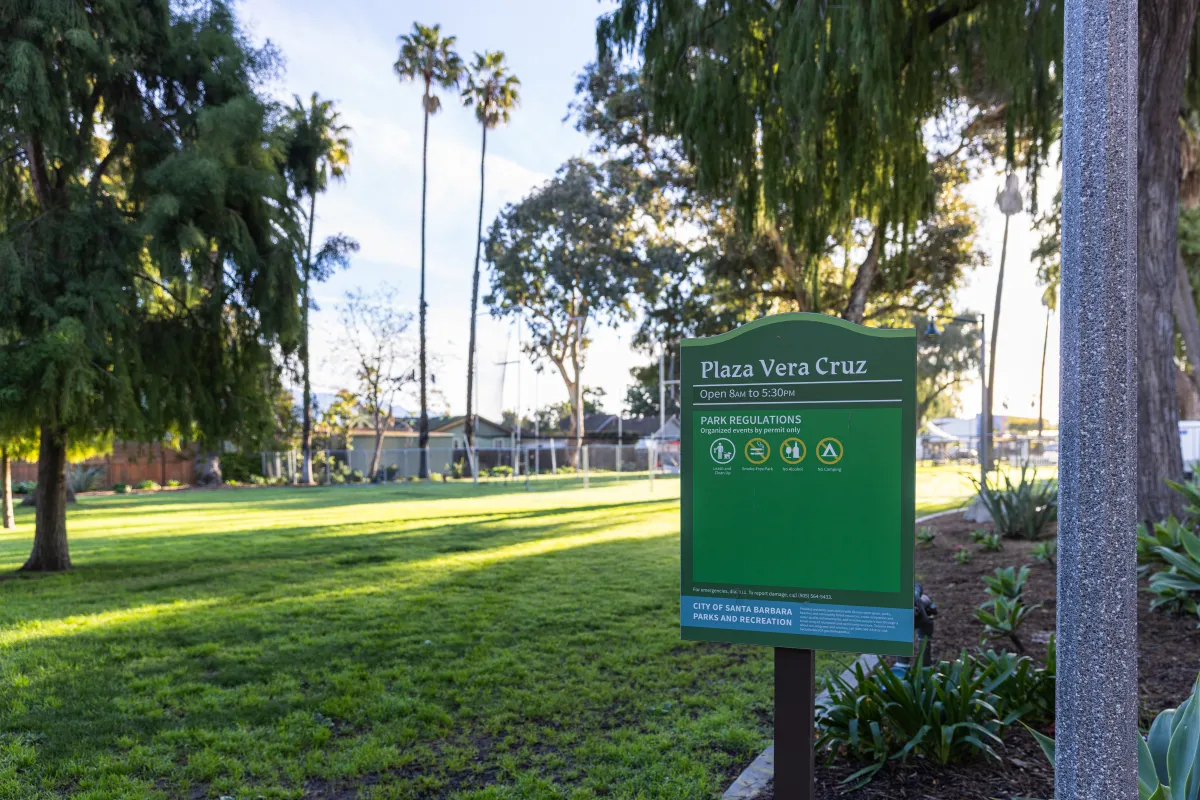 Plaza Vera Cruz with park sign in the foreground