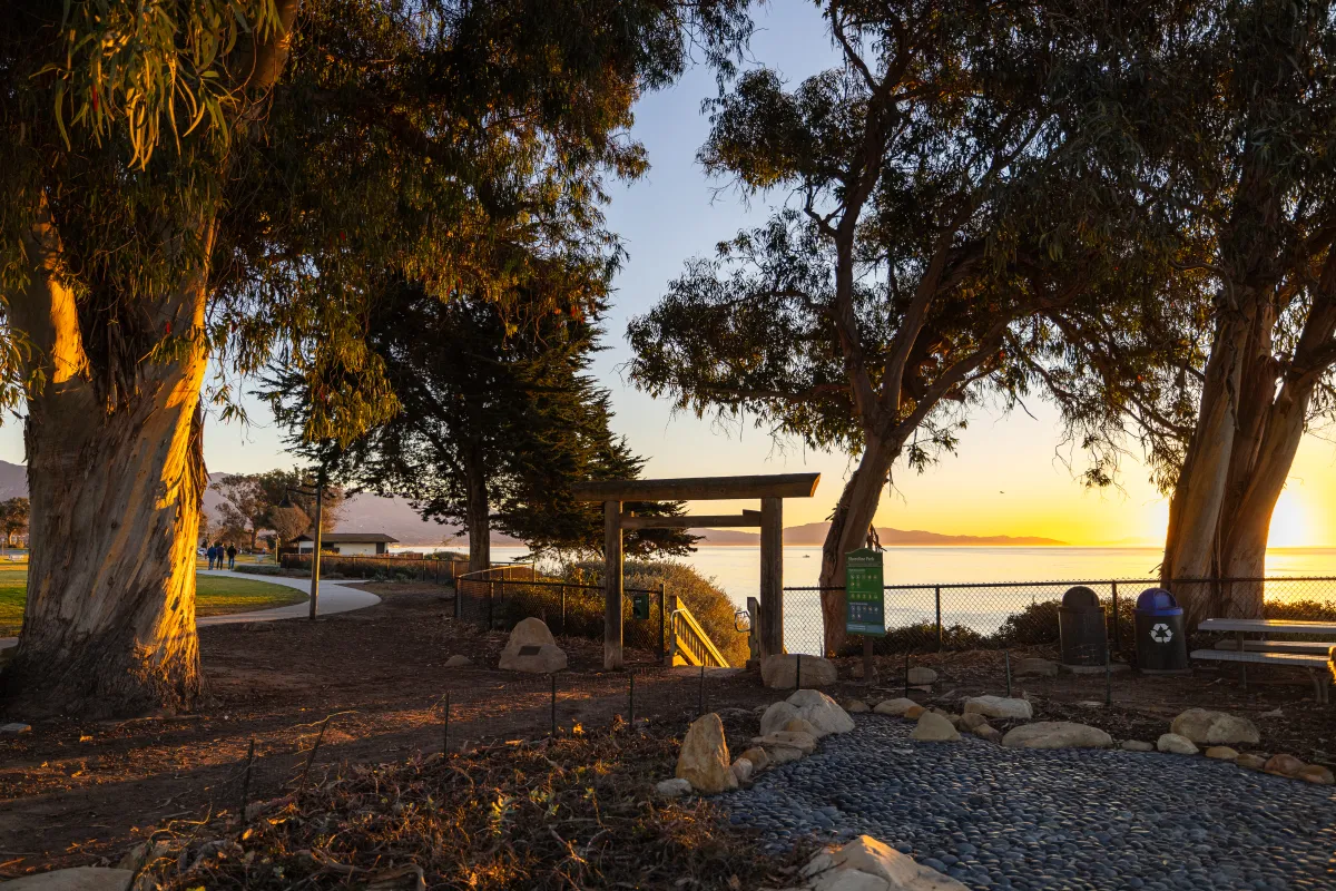 The top of Shoreline Steps at sunset