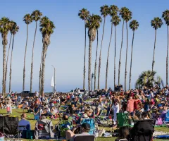 People on blankets and lawn chairs enjoying Concerts in the Park