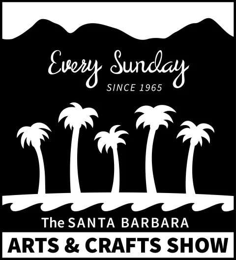 SB Arts & Crafts Show logo with palm trees, logos, and text "Every Sunday since 1965, the Santa Barbara Arts & Crafts Show"