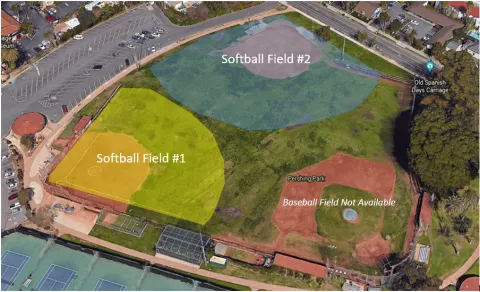 Aerial view of Pershing Park softball and baseball fields