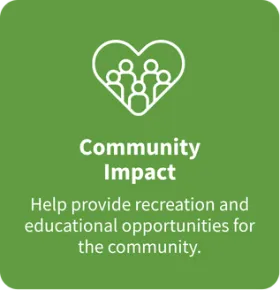 Card with icon of a heart with a group of people in the middle; Community Impact: Help provide recreation and educational opportunities for the community.